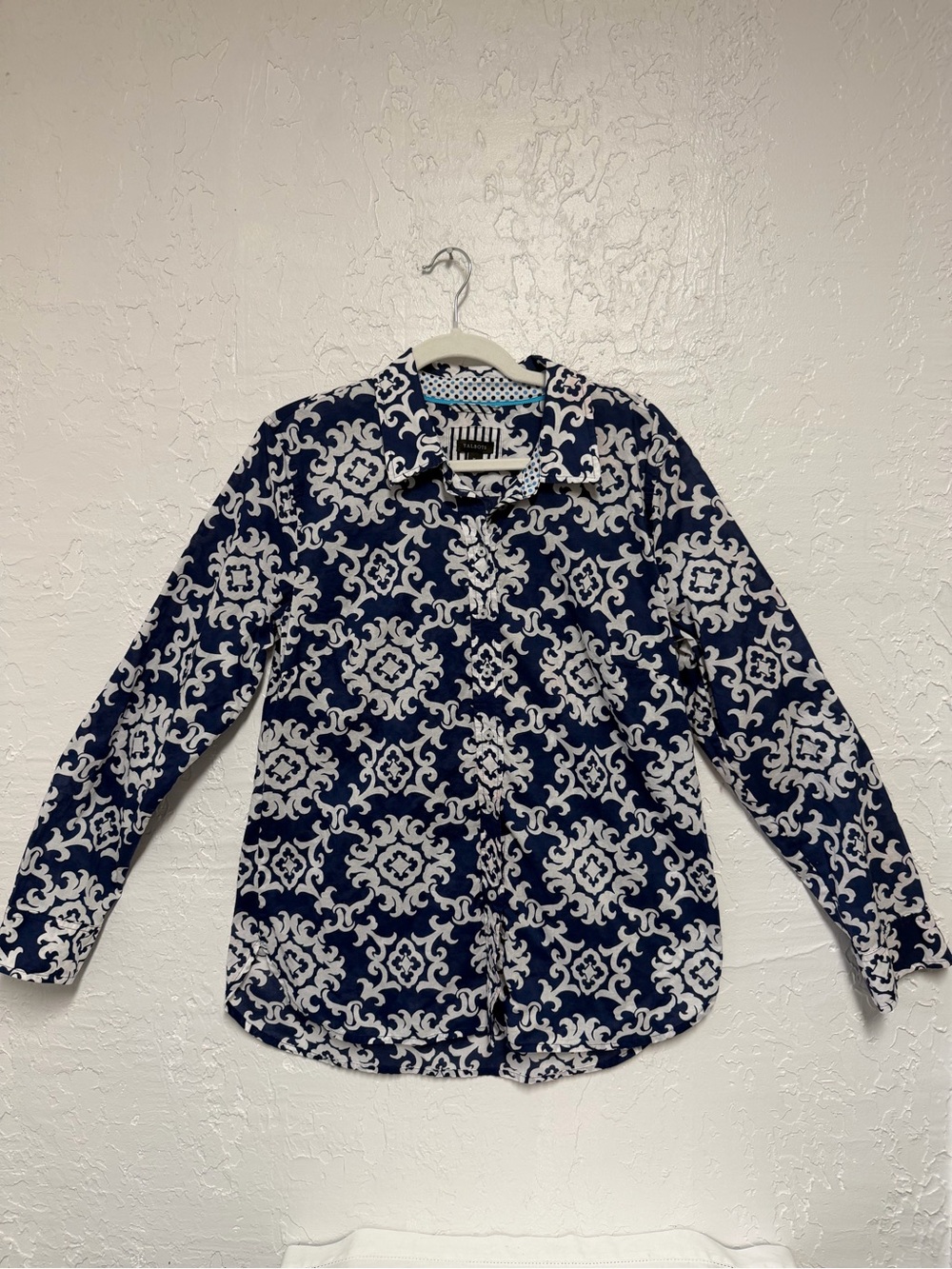 Talbots Navy and White Geometric Print Button-Down Shirt